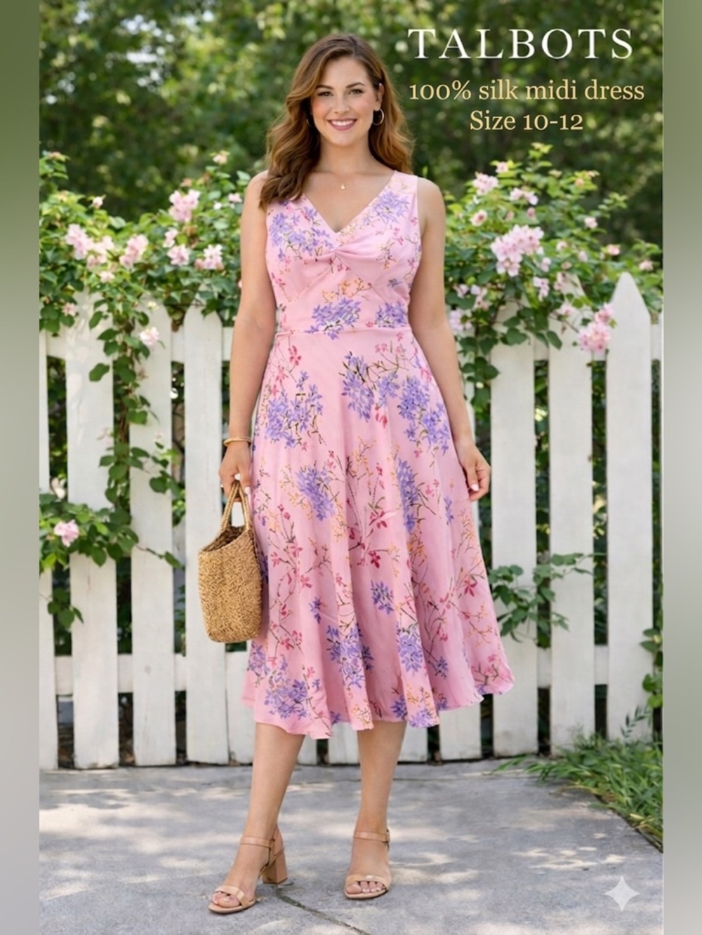 Talbots Pink Floral V-Neck Silk Midi Dress